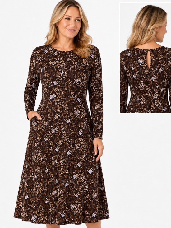 LOFT Dresses & Skirts - LOFT Brown Floral Long-Sleeve A-Line Dress Large Petite Fall Cottagecore